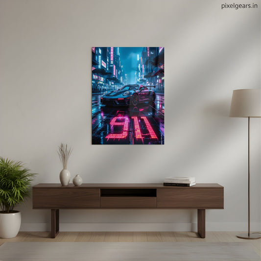 Porsche 911: Neon City Phantom Metal Poster | Aesthetic Pop Art Wall Decor & Painting