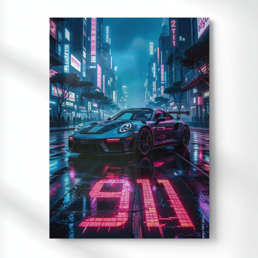 Porsche 911: Neon City Phantom Metal Poster | Aesthetic Pop Art Wall Decor & Painting