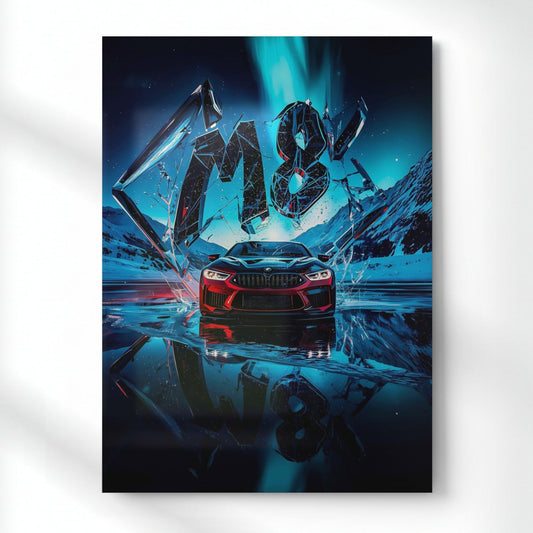 BMW M8: Arctic Breakout Metal Poster | Aesthetic Pop Art Wall Decor & Painting