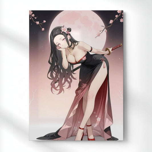 Moonlit Nezuko Kamado Warrior Metal Poster | Aesthetic Pop Art Wall Decor & Painting