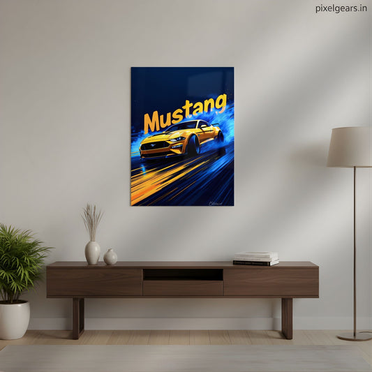Mustang: Blue Smoke Drift Metal Poster | Aesthetic Pop Art Wall Decor & Painting