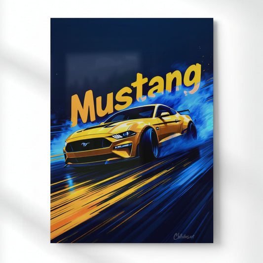 Mustang: Blue Smoke Drift Metal Poster | Aesthetic Pop Art Wall Decor & Painting