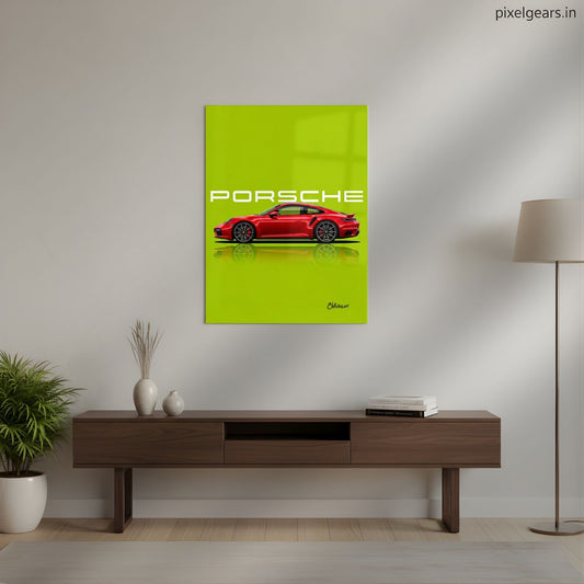 Porsche: The Red Reflection Metal Poster | Aesthetic Pop Art Wall Decor & Painting