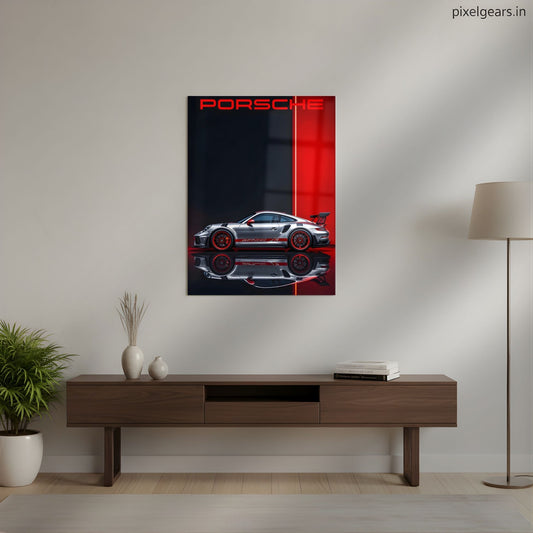 Porsche's Profile in Red Metal Poster | Aesthetic Pop Art Wall Decor & Painting