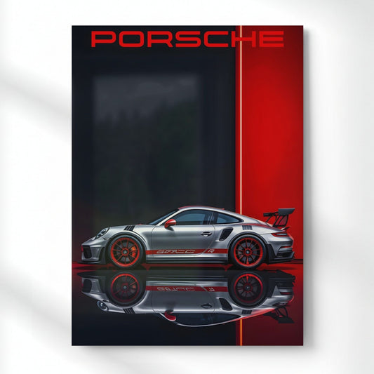 Porsche's Profile in Red Metal Poster | Aesthetic Pop Art Wall Decor & Painting