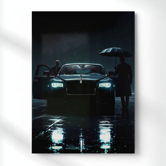 Rolls-Royce: Wet Pavement Elegance Metal Poster | Aesthetic Pop Art Wall Decor & Painting