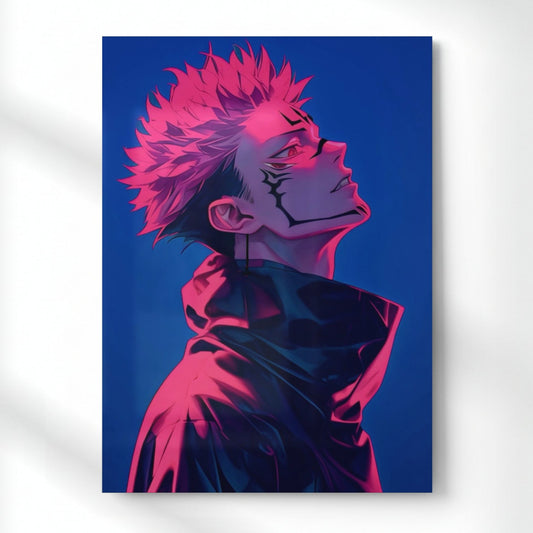 Sukuna: Cursed King's Neon Gaze Metal Poster | Aesthetic Pop Art Wall Decor & Painting