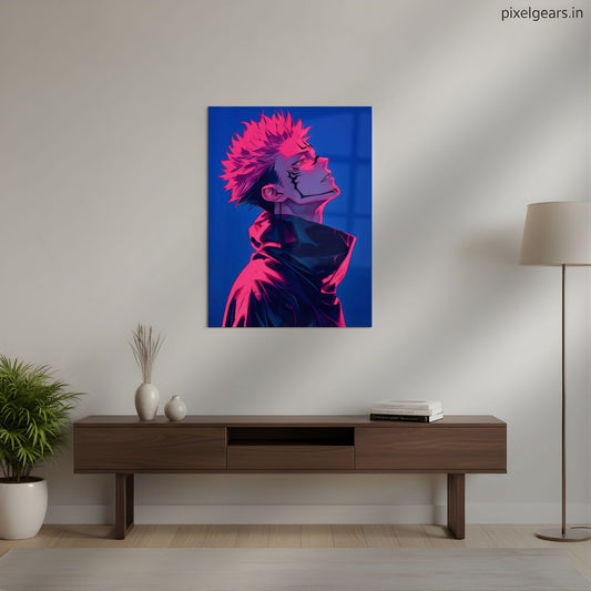 Sukuna: Cursed King's Neon Gaze Metal Poster | Aesthetic Pop Art Wall Decor & Painting