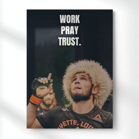 Work Pray Trust – Khabib’s Mindset Quote Metal Poster | Aesthetic Pop Art Wall Decor & Painting