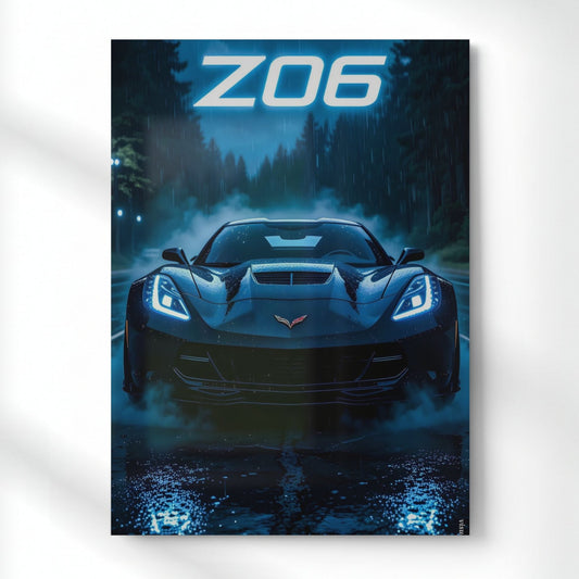 Z06: Neon Rain Run Metal Poster | Aesthetic Pop Art Wall Decor & Painting